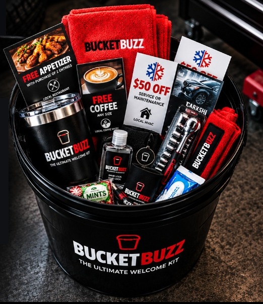 Coupons, gift cards, and promotional items physically inside the BucketBuzz bucket