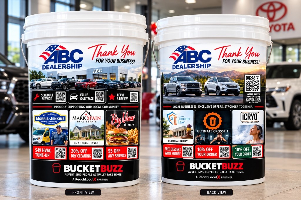 Front and back views of full-size BucketBuzz 5-gallon dealership advertising buckets featuring dealership branding, local business advertising, offers and QR codes.
