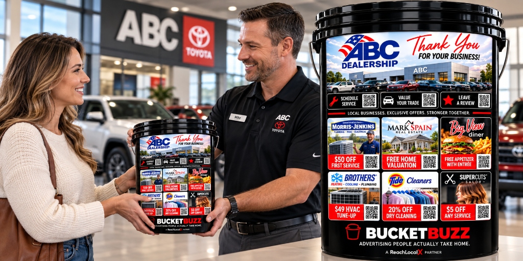 Example dealership showroom and service handoff featuring the BucketBuzz 5-gallon advertising bucket