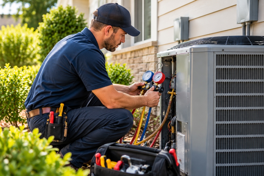 Professional residential HVAC technician servicing an outdoor air conditioning unit with diagnostic gauges for Morris-Jenkins